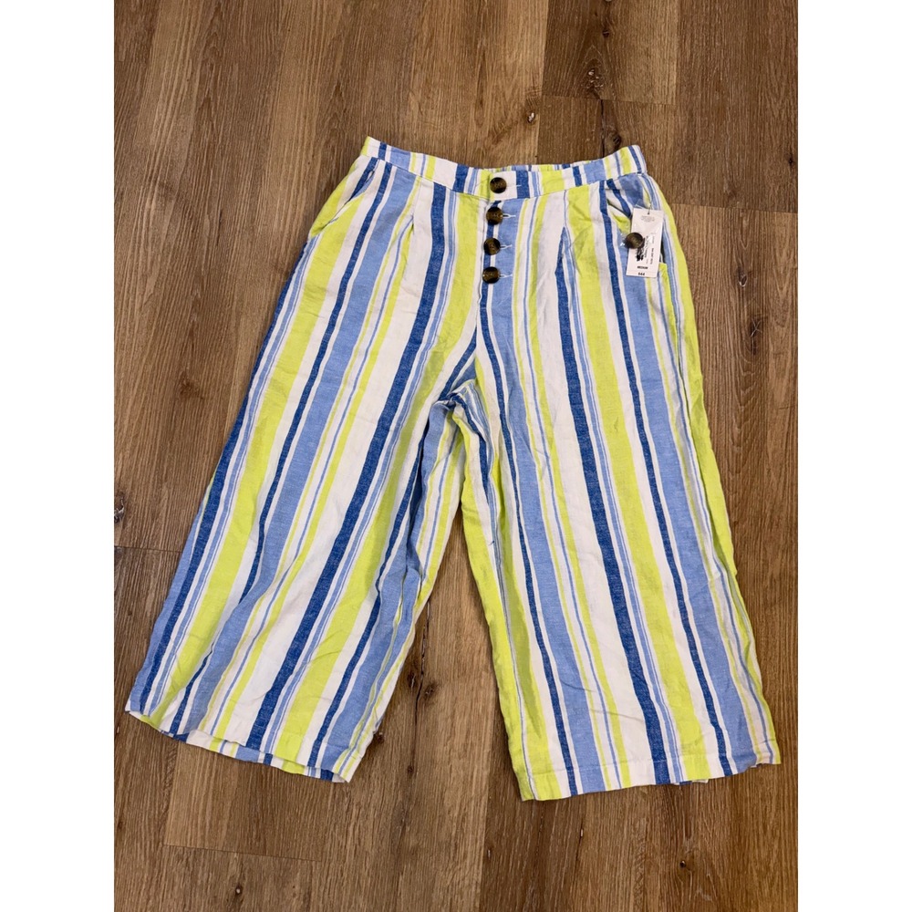 a.n.a Coastal Boho Linen Blend Striped Wide Leg Cropped Pants Women M Blue Lime